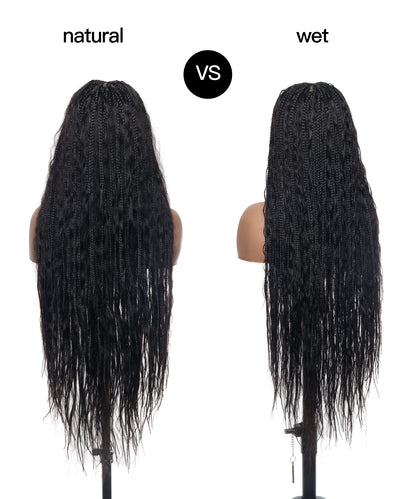 36" Wet & Wavy Human Hair Boho Curls HD Lace Tangleless Super High Density Knotless Boho Box Braided Wig