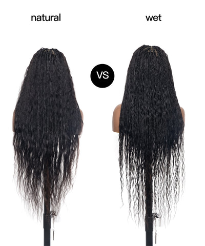 36" Wet & Wavy Human Hair Boho Curls HD Lace Tangleless Super High Density Knotless Boho Box Braided Wig