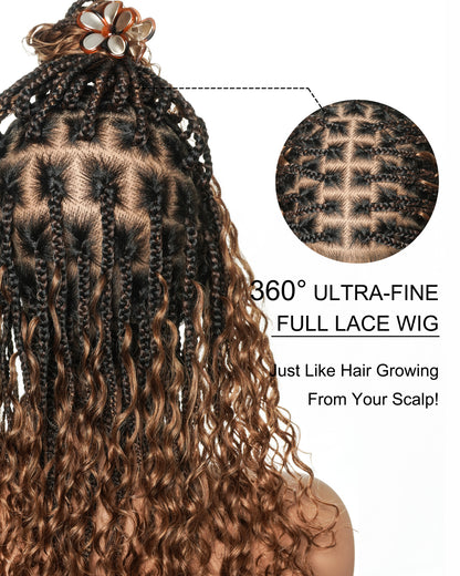 Mila - 100% Hand-tied Full Lace Human Hair Boho Curls Knotless Boho Braided Wig 88 Strands