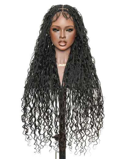 Mila - 100% Hand-tied Full Lace Human Hair Boho Curls Knotless Boho Braided Wig 88 Strands