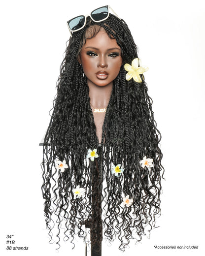 Mila - 100% Hand-tied Full Lace Human Hair Boho Curls Knotless Boho Braided Wig 88 Strands