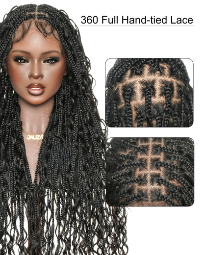 Mila - 100% Hand-tied Full Lace Human Hair Boho Curls Knotless Boho Braided Wig 88 Strands