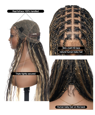 36" Piano Color Honey Blond & Black Pre Bleached Human Hair Lace Wet & Wavy Super Style HD Lace Knotless Boho Box Braided Wig