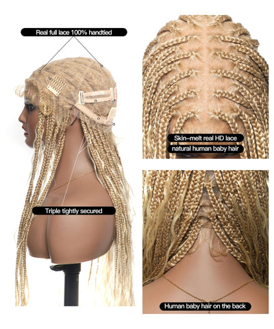 Pre Bleached 613 Blond HD Full Lace Human Hair Boho Curls 36" Knotless Boho Box Braided Wig