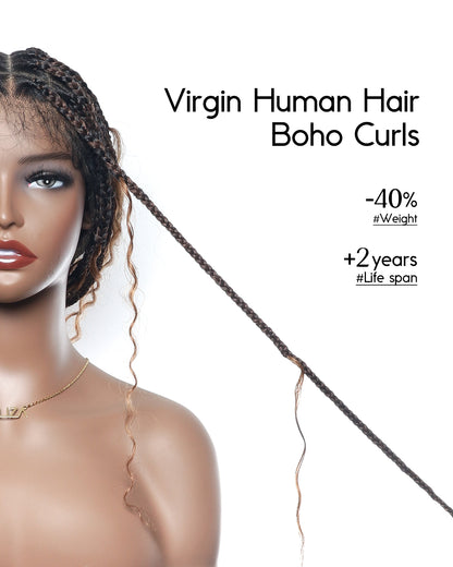 12"-36" Human Hair Deep Wave Curls Pre Bleached Knotless HD Full Lace Boho Box Braided Wig