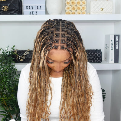 Kiki -  24" Pre Bleached Human Hair Lace Base Swiss HD Full Lace Human Hair Curls Boho Box Braided Wig