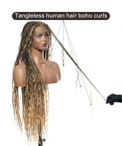 Human Hair Boho Box HD Lace Braided Wig 36 Inches 100 Strands - Light Burgundy