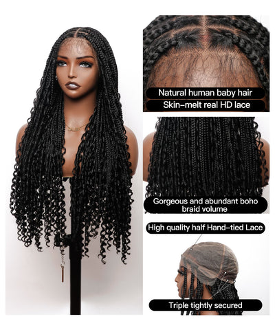 JALIZA 30 inch Boho Knotless Box Braids HD Frontal Double Lace Braided Wig Middle Part (Mannequin - Front View)
