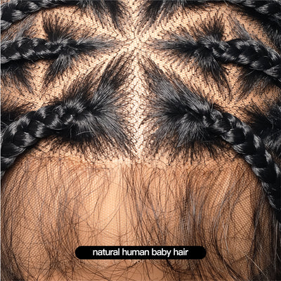 Close-up of the JALIZA black knotless boho box braided wig lace front, showing natural human baby hair along the hairline and a triangle base with neat braided parts.