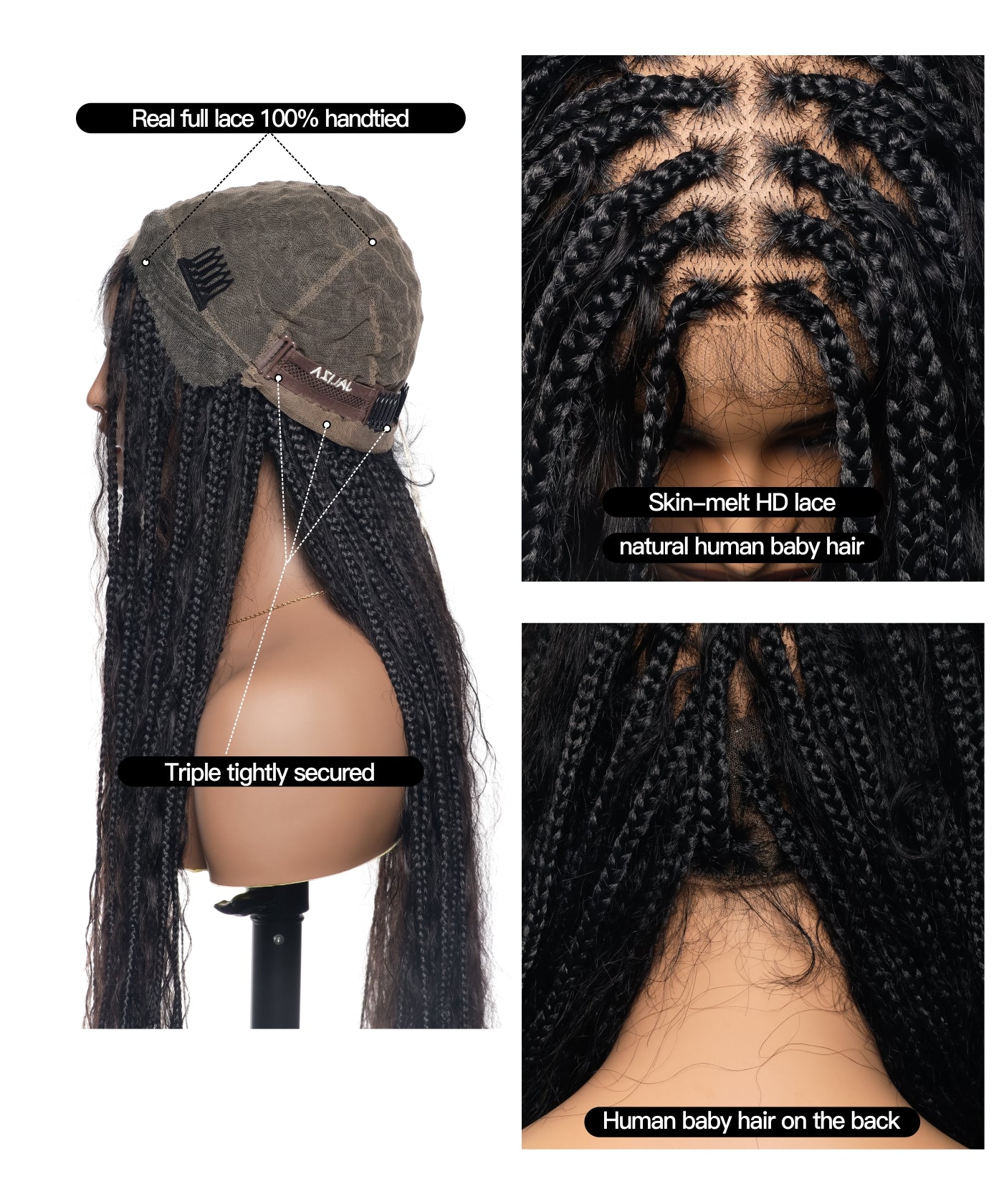 36" Wet & Wavy Human Hair Boho Curls HD Lace Tangleless Super High Density Knotless Boho Box Braided Wig
