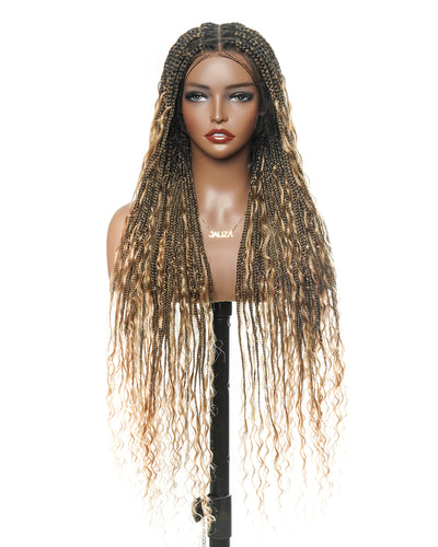 100% Hand-Tied Full Transparent Lace Human Hair Boho Curls Knotless Boho Box Braided Wig