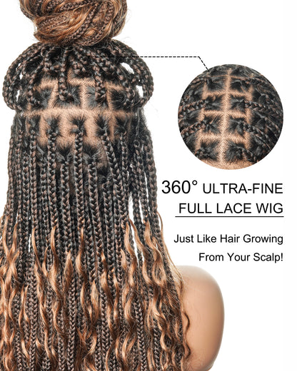 Full Transparent Lace Human Hair Boho Curls Knotless Boho Box Braided Wig 86 Strands