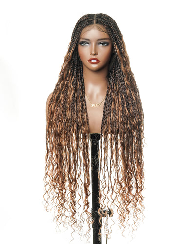 100% Hand-Tied Full Transparent Lace Human Hair Boho Curls Knotless Boho Box Braided Wig