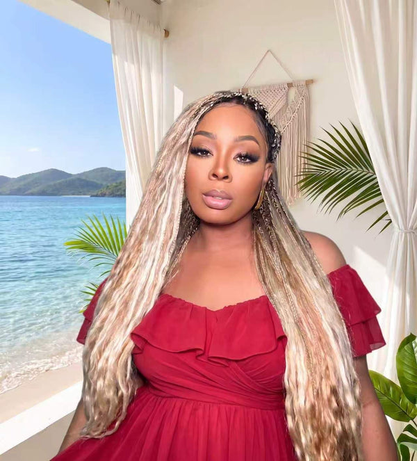 Human Hair Super Boho Color #27/613 Pre Bleached Human Hair Lace Knotless Boho Box Braided Wig Full-dense 100 Strands