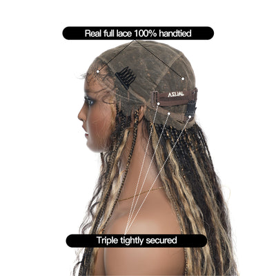 36" Piano Color Honey Blond & Black Pre Bleached Human Hair Lace Wet & Wavy Super Style HD Lace Knotless Boho Box Braided Wig