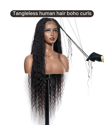 36" Wet & Wavy Human Hair Boho Curls HD Lace Tangleless Super High Density Knotless Boho Box Braided Wig