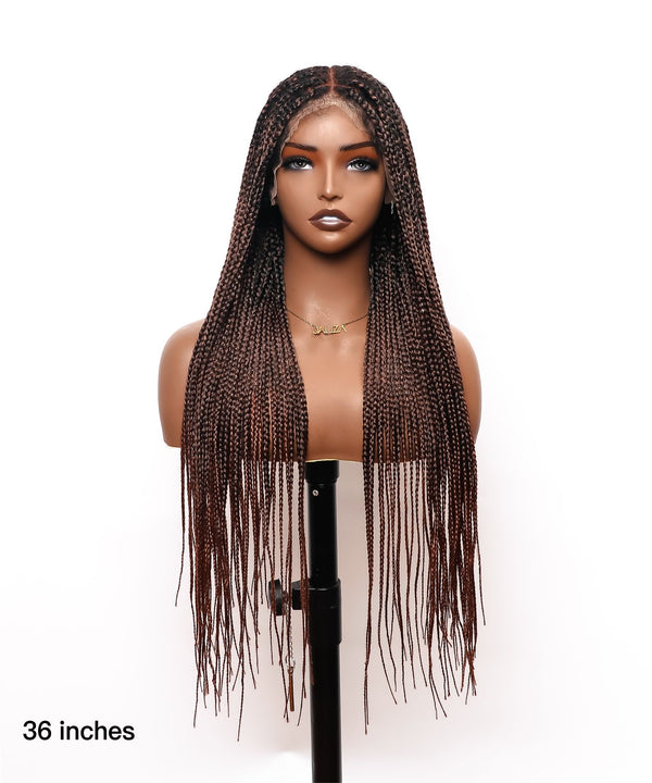 Pre Bleached Knotless Human Hair Roots Box Braided Wig 36" Full Lace 100 Strands - Kinky Human Baby Hair