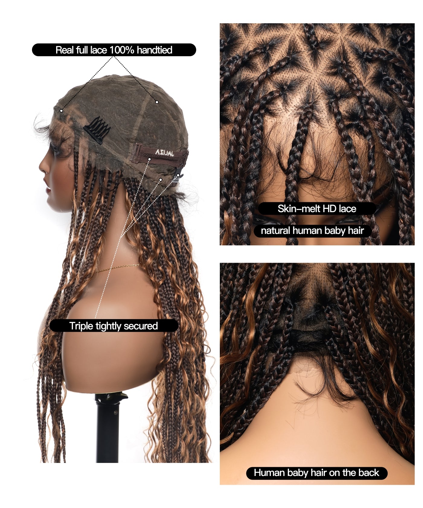 Triangle Base Human Hair Boho Curls 36" HD Full Lace Knotless Boho Box Braided Wig Full Density 99 Strands