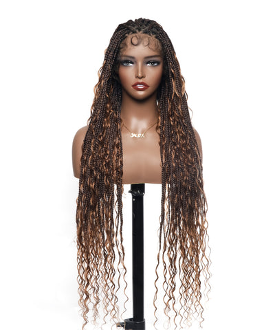 Triangle Base Human Hair Boho Curls 36" HD Full Lace Knotless Boho Box Braided Wig Full Density 99 Strands