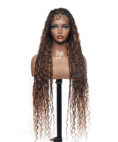Triangle Base Human Hair Boho Curls 36" HD Full Lace Knotless Boho Box Braided Wig Full Density 99 Strands
