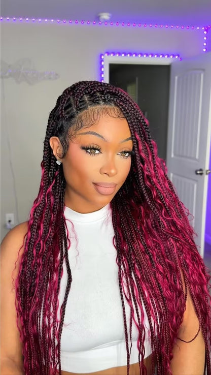 Human Hair Boho Box HD Lace Braided Wig 36 Inches 88 Strands - Burgundy