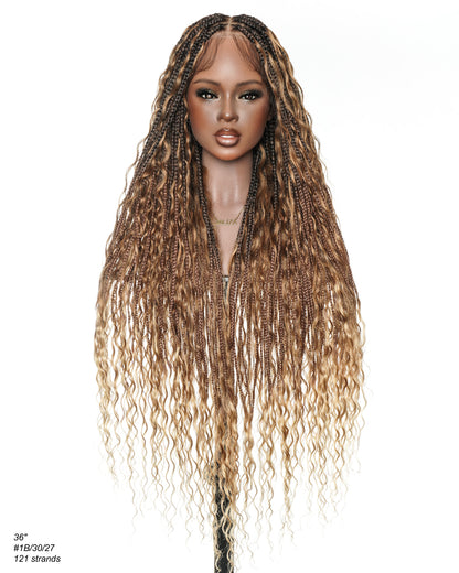 36" Blend Color 1B 30 27 Pre Bleached Human Hair Curls Boho Box Braided Wig 121 Strands