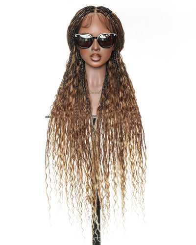 36" Blend Color 1B 30 27 Pre Bleached Human Hair Curls Boho Box Braided Wig 121 Strands