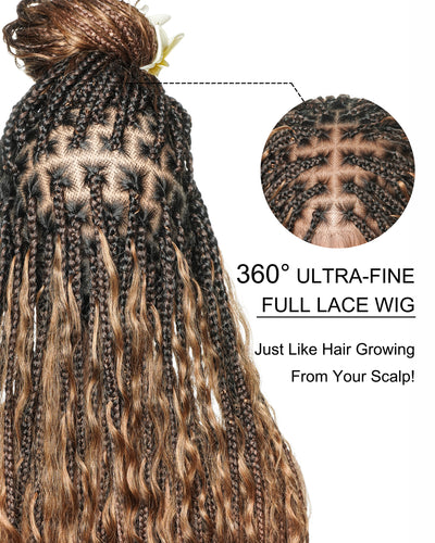 36" Blend Color 1B 30 27 Pre Bleached Human Hair Curls Boho Box Braided Wig 121 Strands