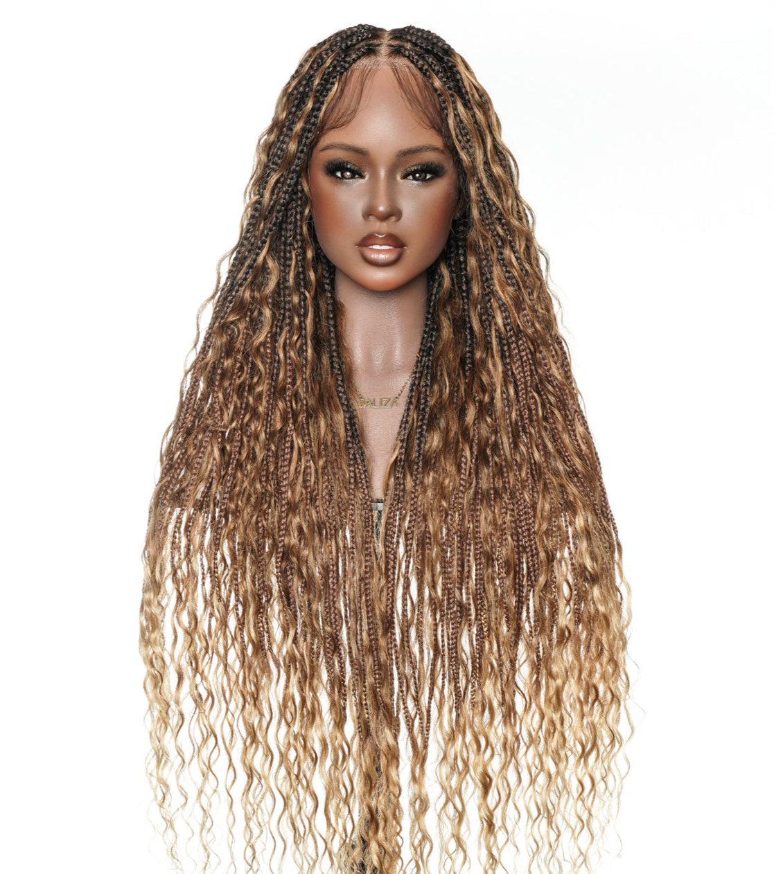 pre bleached full lace high density human hair long, wavy, brown and blonde knotless boho box wig