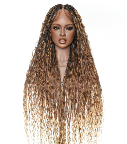 pre bleached full lace high density human hair long, wavy, brown and blonde knotless boho box wig