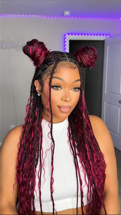 Human Hair Boho Box HD Lace Braided Wig 36 Inches 88 Strands - Burgundy