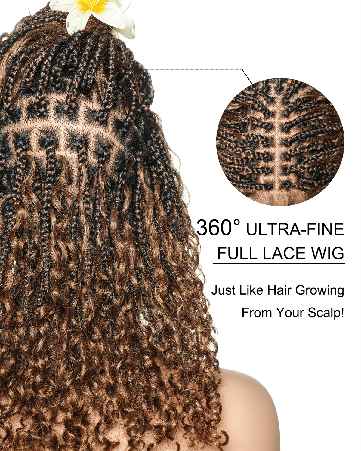 18" Copper Cocoa Color #4/30 with #33 Highlight Glueless Pre Bleached Swiss HD Full Lace Boho Box Braided Wig