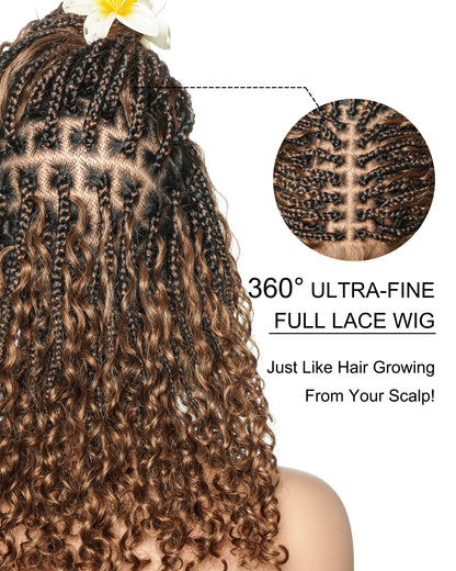 18" Copper Cocoa Color #4/30 with #33 Highlight Glueless Pre Bleached Swiss HD Full Lace Boho Box Braided Wig