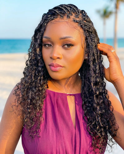 Nami - Drawstring Cap Glueless Water Wave Human Hair Curls Pre Bleached Swiss HD Full Lace Knotless Boho Box Braided Wig