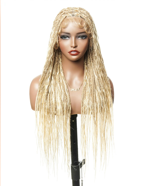 27/613 Blond Human Hair Curls Boho Box Braided Wig