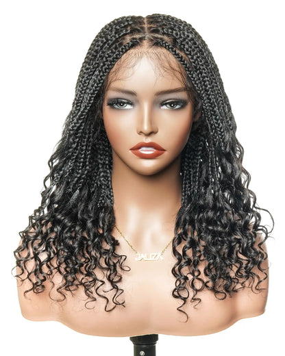 Short Pre Bleached HD Full Lace Knotless Box Braided Wig With Human Hair Curly Ends