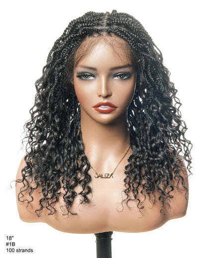 18" Wavy Box Braided Wig With Human Hair Curly Ends Pre Bleached Knots
