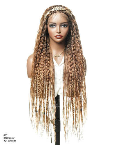 Super High Density 36" Blend Color #30/27 Pre Bleached HD Lace 121 Strands Knotless Boho Box Braided Wig
