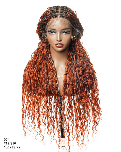 Ginger Color Human Hair Boho Curls Wavy Box With HD Pre Bleached Full Lace Base 100 Strands Boho Box Braided Wig