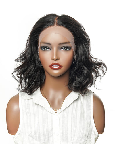 JALIZA 12 inch Natural Black Deep Wave HD Frontal Double Lace Human Hair Wig Middle Part (Mannequin - Front View)
