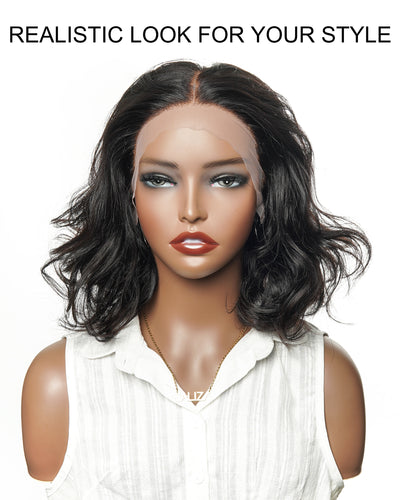 JALIZA 12 inch Natural Black Deep Wave HD Lace Frontal Human Hair Wig Middle Part (Mannequin - Front View)