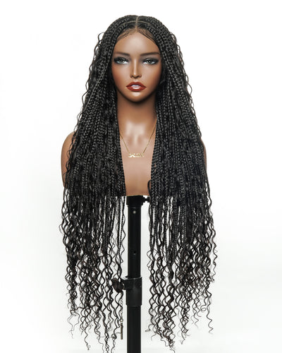 100% Hand-Tied Full Transparent Lace Human Hair Boho Curls Knotless Boho Box Braided Wig