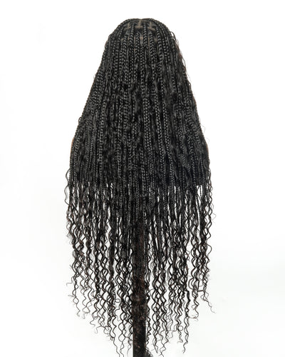 100% Hand-Tied Full Transparent Lace Human Hair Boho Curls Knotless Boho Box Braided Wig
