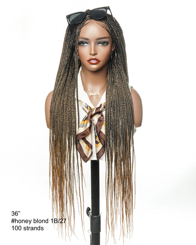 36" Pre Bleached Human Hair Swiss HD Lace Lightweight Knotless Box Braided Wig 100 Strands
