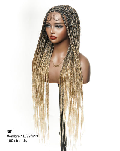 36" Pre Bleached Human Hair Swiss HD Lace Lightweight Knotless Box Braided Wig 100 Strands