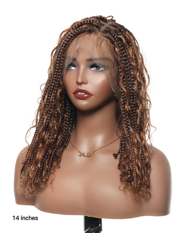14" Human Hair Boho Curls High Density Triangle Base Knotless Boho Box Braided Wig 102 Strands