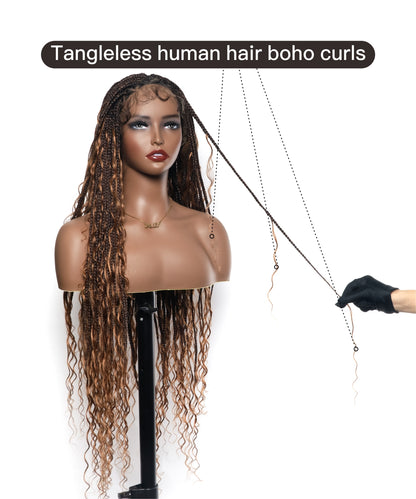Triangle Base Human Hair Boho Curls 36" HD Full Lace Knotless Boho Box Braided Wig Full Density 99 Strands