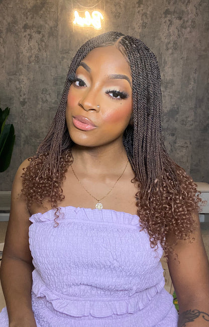 Senegalese Mini Twist Braided Wig 14" Full Hand-tied HD Lace With Curly Ends - Human Baby Hair
