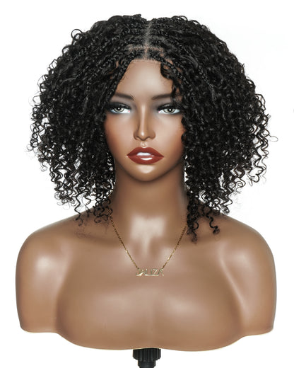 Mannequin head with a black curly wig on a white background