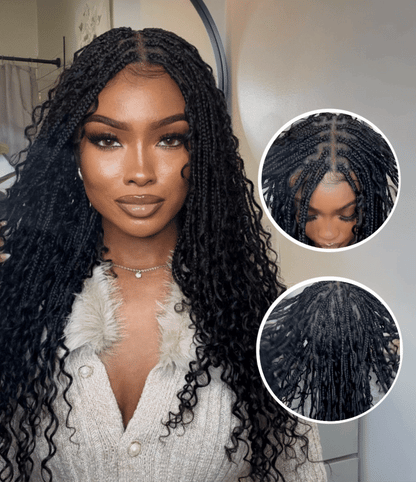Glueless 24" Pre Cut HD Full Elastic Lace Lightweight Ready-To-Go Boho Box Braided Wig with Human Hair Boho Curls
